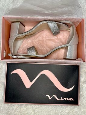Nina Edria Silver Block Heel with Rhinestone Toe Strap